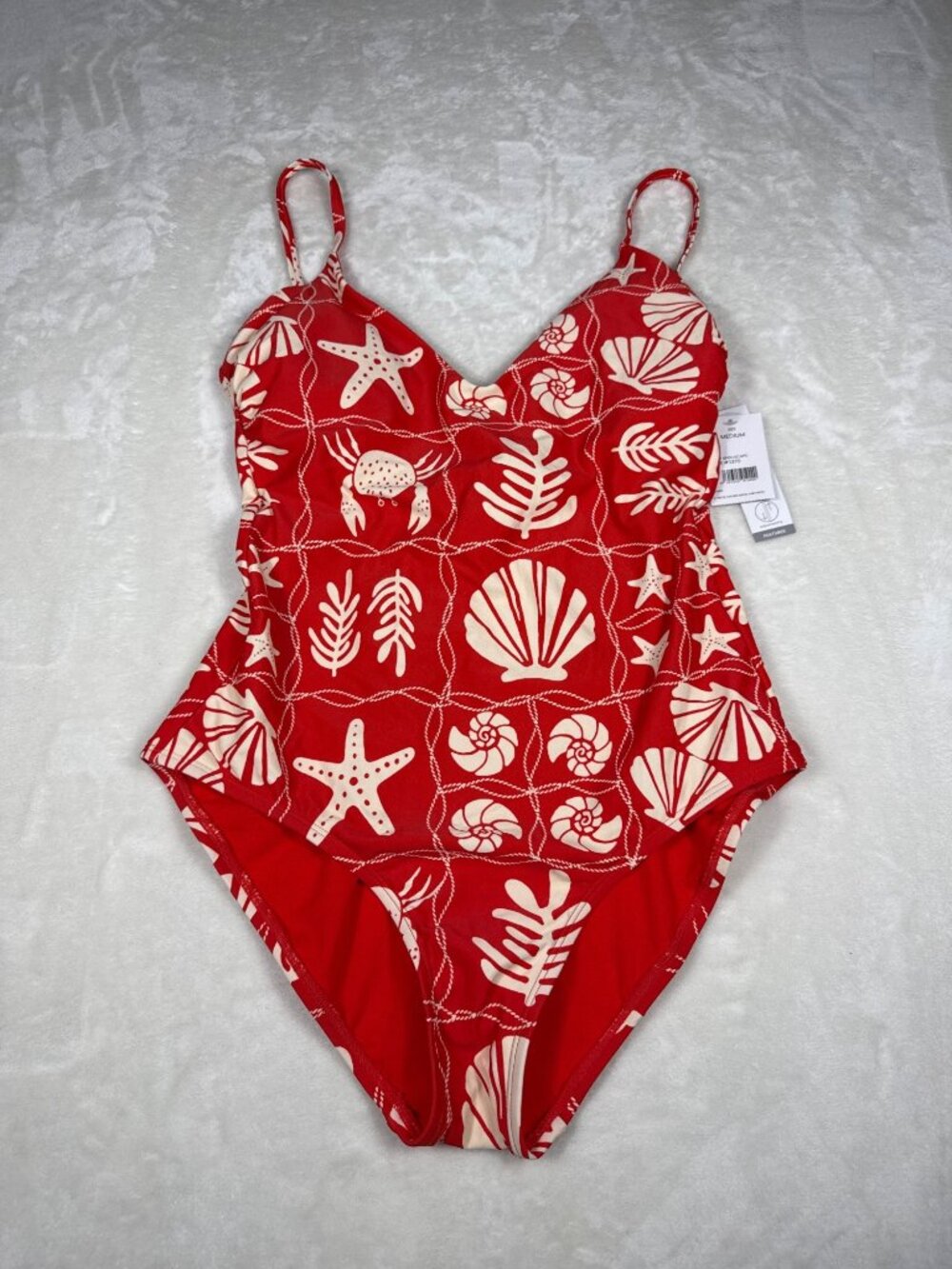 Loft Swim Ladies V-Neck Cross Back One-Piece Swimsuit Medium Red & White
